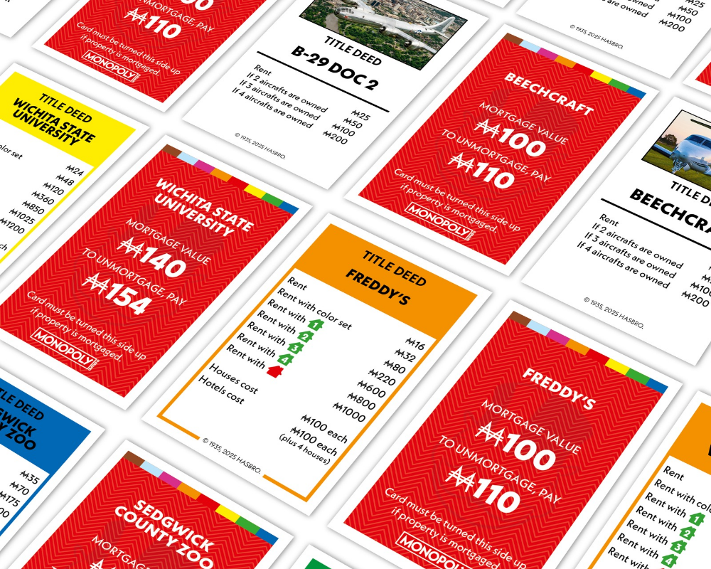 Image shows examples of property squares from Wichita Monopoly