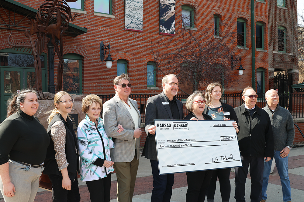 Kansas Tourism Director Bridgette Jobe presents a Kansas Attraction Development Grant to Museum of World Treasures in Wichita on March 13