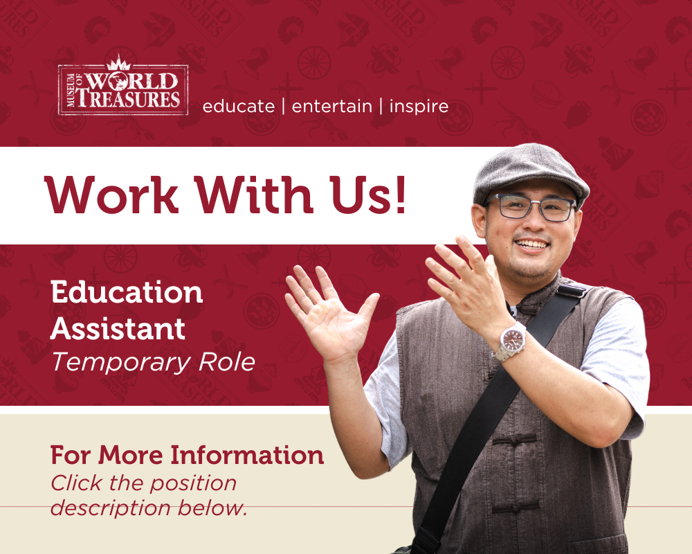 Image shows museum logo and says 'Educate, entertain, inspire. Work With Us! Education Assistant, Temporary Role. For more Information, click the position description below.'